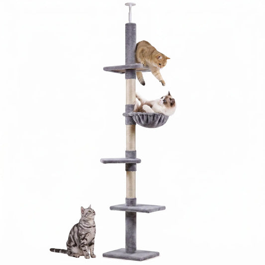 8.5ft Cat Climbing Tree, 5-Tier Activity Center, Scratching Post, Grey Floor to Ceiling Cat Trees Grey at Gallery Canada