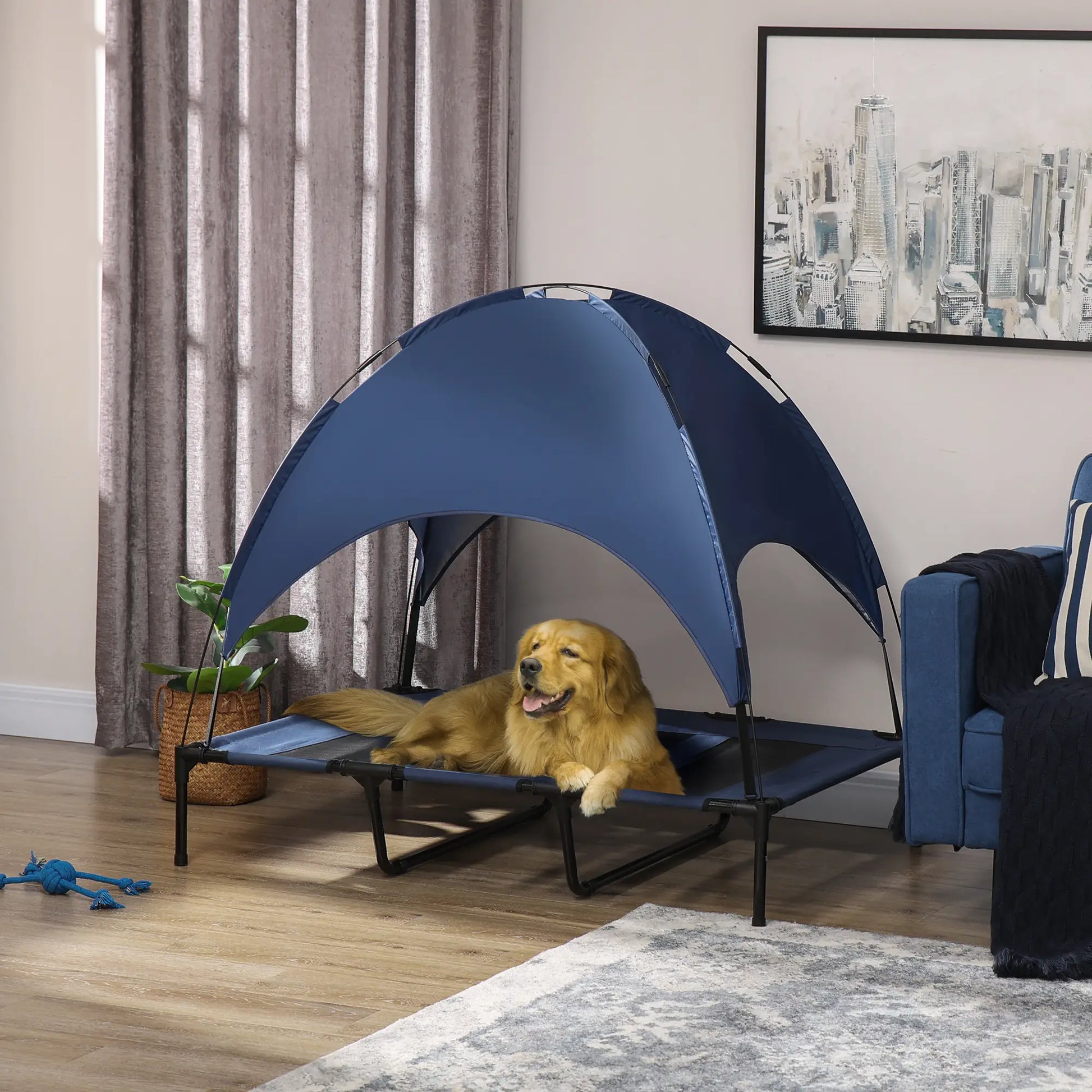 Portable Raised Dog Cot with Canopy, XL Size, Dark Blue Elevated Dog Beds at Gallery Canada