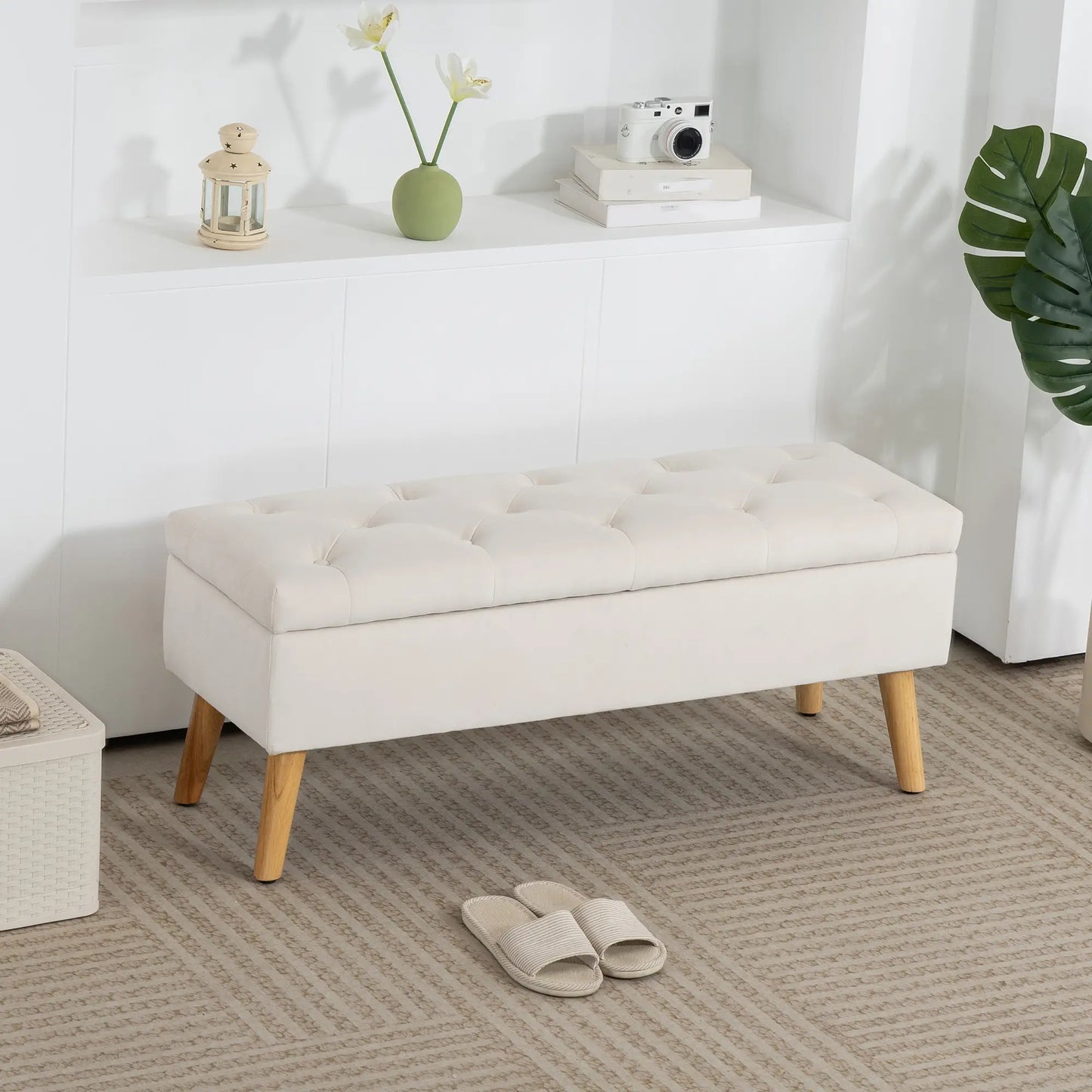 Storage Ottoman With Lid, Velvet Bench, Cream White Storage Ottomans & Benches at Gallery Canada