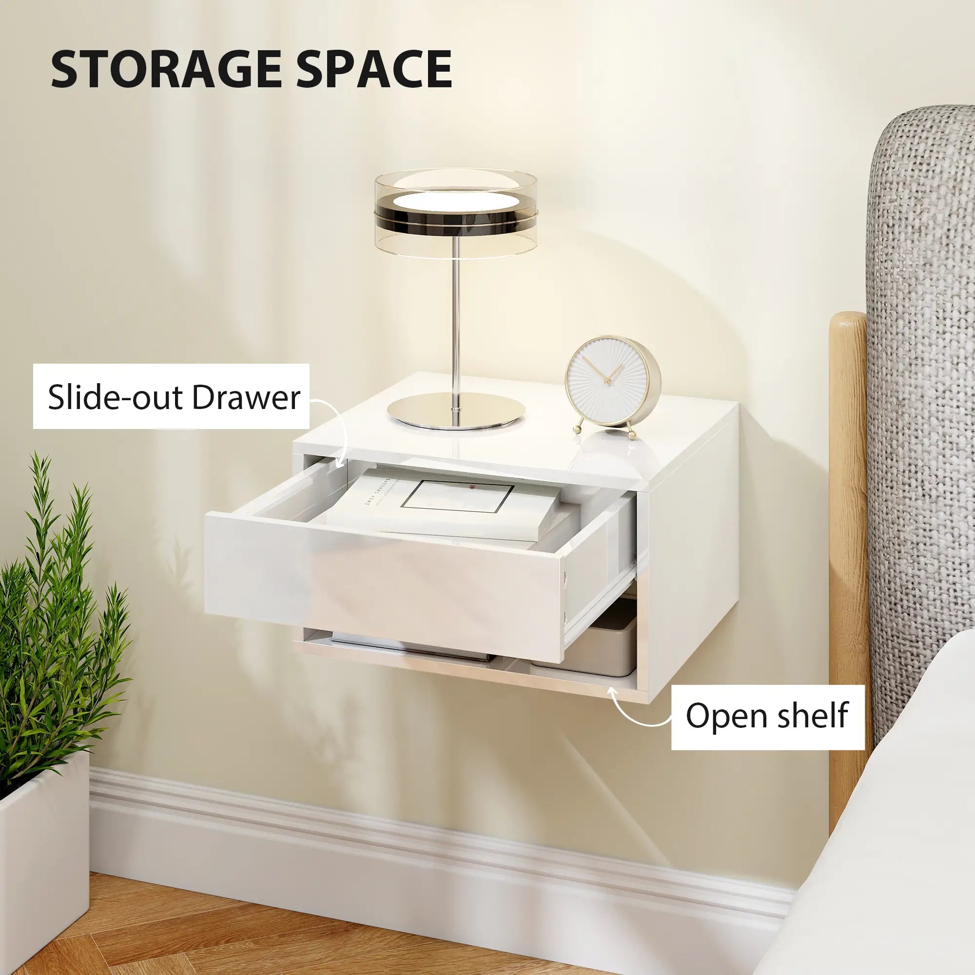 Floating Bedside Tables, Set of 2, Wall-Mounted Nightstand, High Gloss White, White Bedside Tables at Gallery Canada