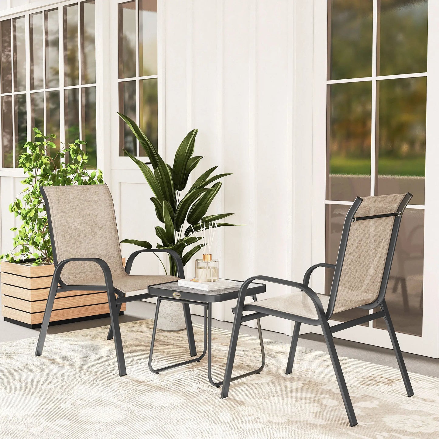 Outdoor Bistro Set, 3-Piece Patio Set, Breathable Mesh, Stackable Chairs, Square Table, Brown Bistro Sets at Gallery Canada