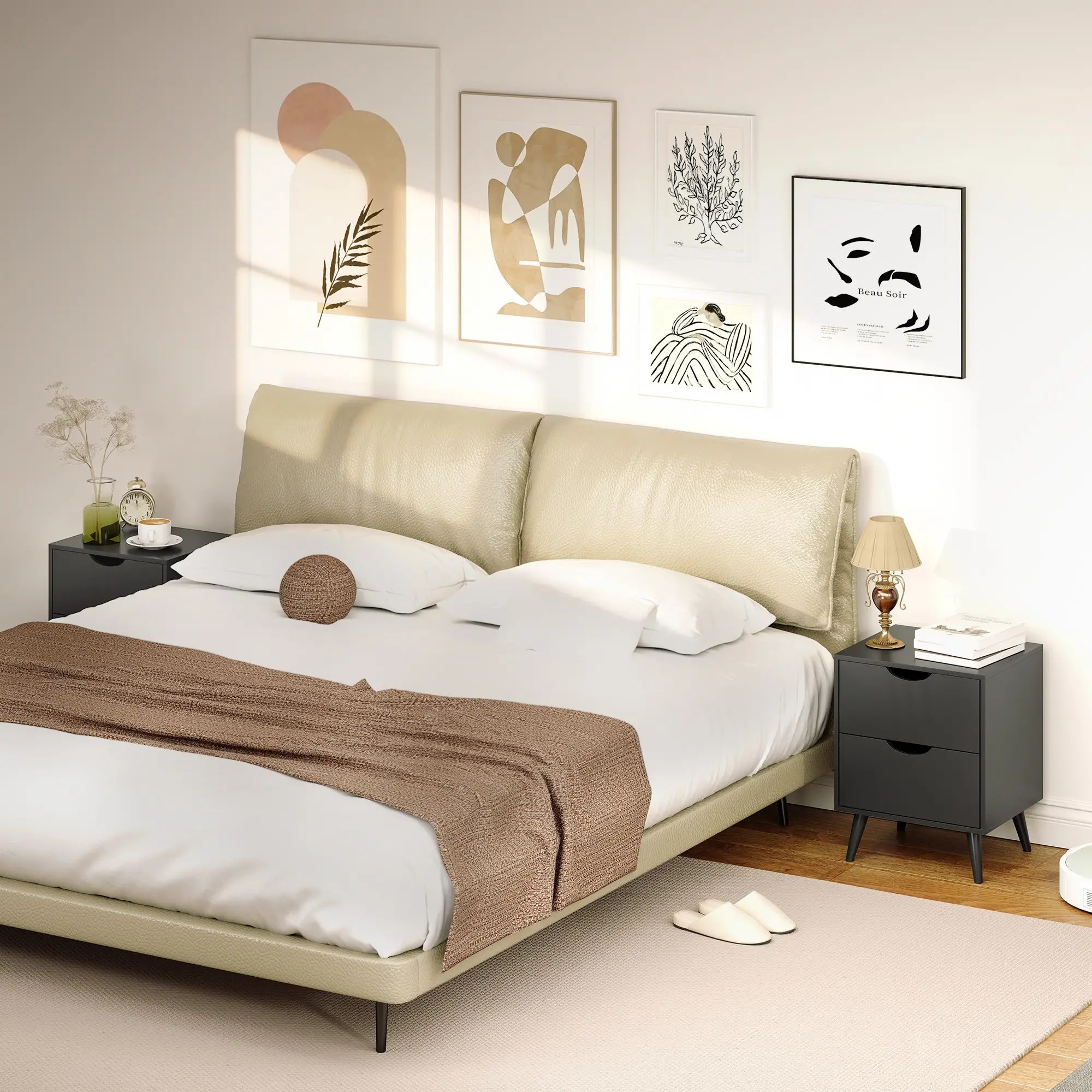 Modern Bedside Table Set Of 2, 2 Drawers, Pine Wood Legs, Black Bedside Tables at Gallery Canada