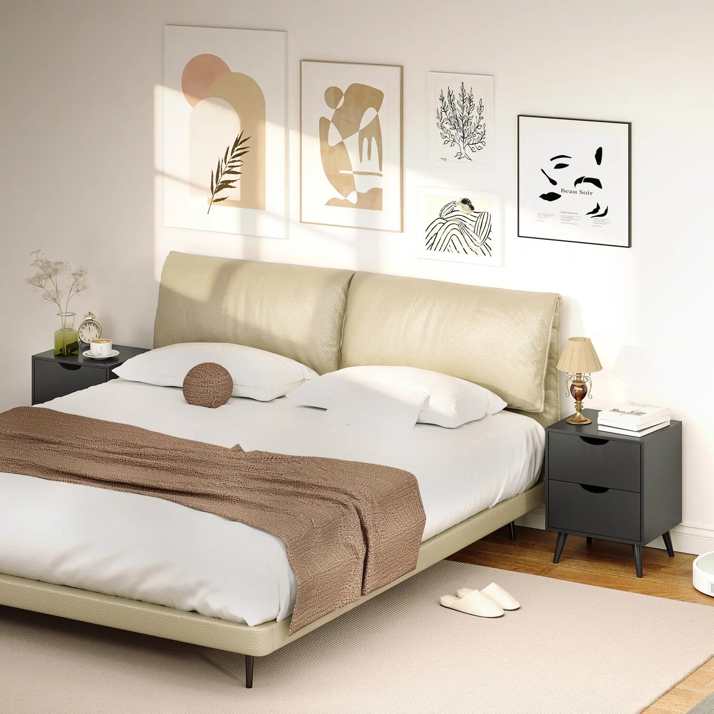 Modern Bedside Table Set Of 2, 2 Drawers, Pine Wood Legs, Black Bedside Tables at Gallery Canada