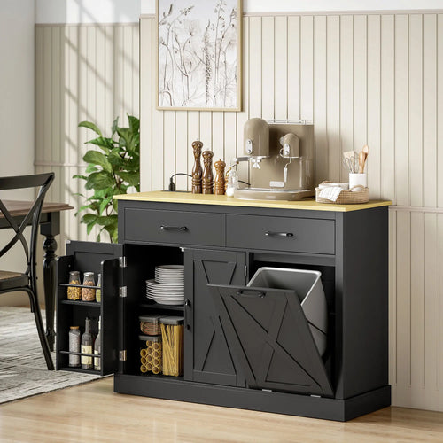 7 Gallon Tilt Out Garbage Cabinet, Kitchen Island With Charging Station, Black