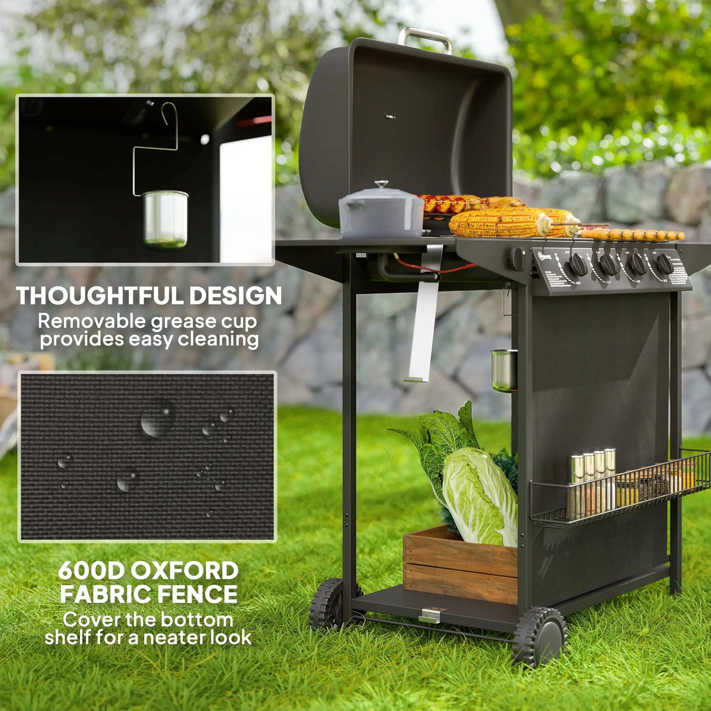 4+1 Burner Propane Gas BBQ Grill, Portable With Side Burner, Thermometer, Black Propane Gas Grills at Gallery Canada