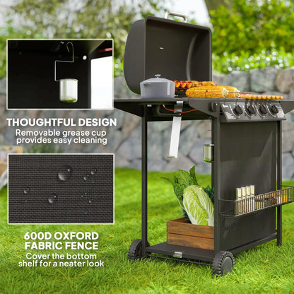 4+1 Burner Propane Gas BBQ Grill, Portable With Side Burner, Thermometer, Black Propane Gas Grills at Gallery Canada