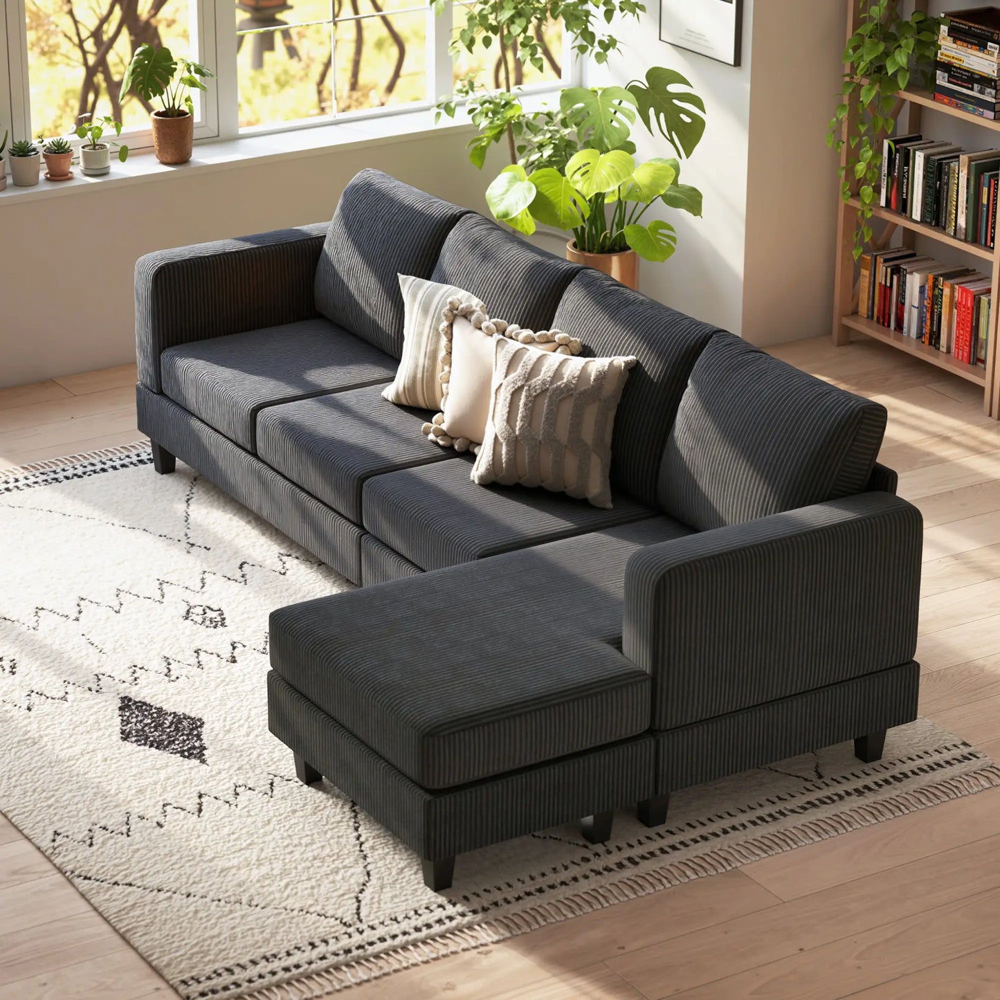 L Shaped Couch with Chaise Lounge, Spring Cushion, Charcoal Grey 3-Seater Sofas at Gallery Canada