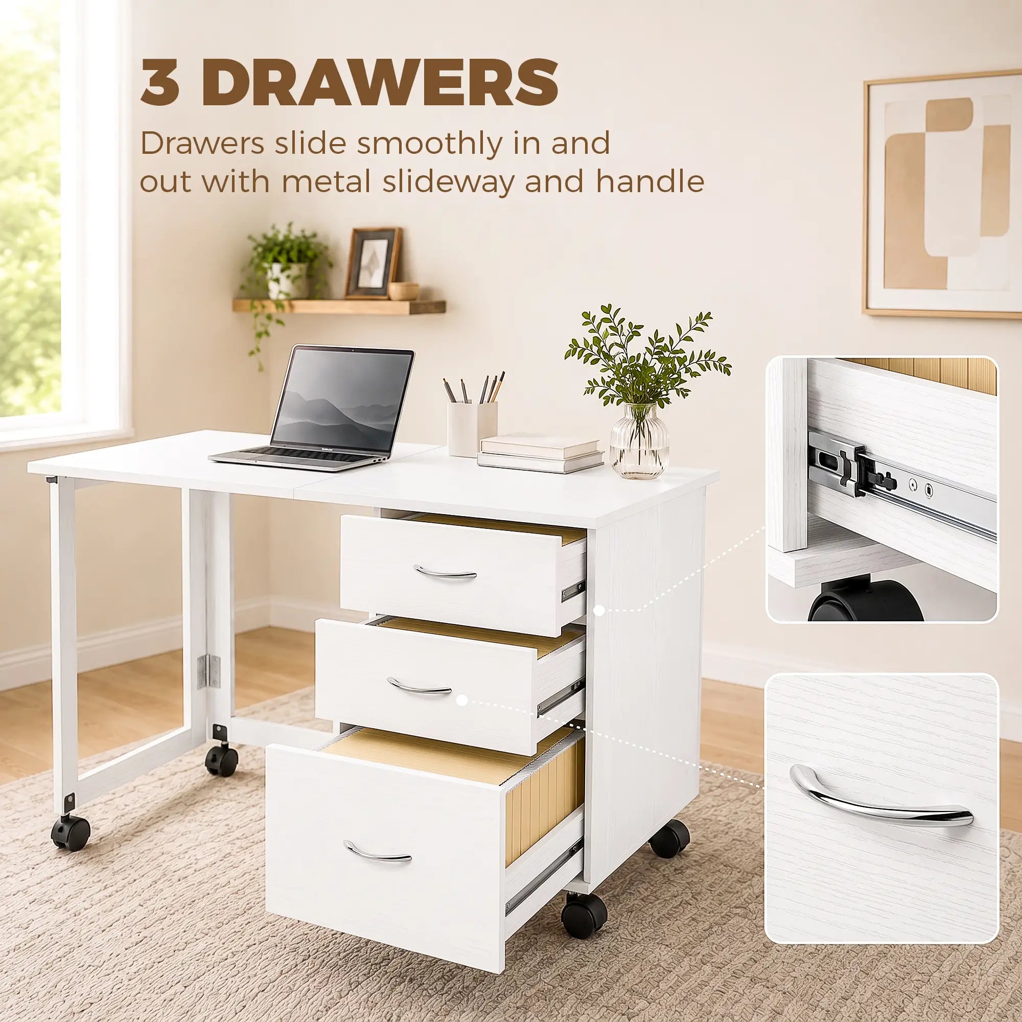 Foldable Computer Desk, 3 Drawers, White Computer Desks at Gallery Canada
