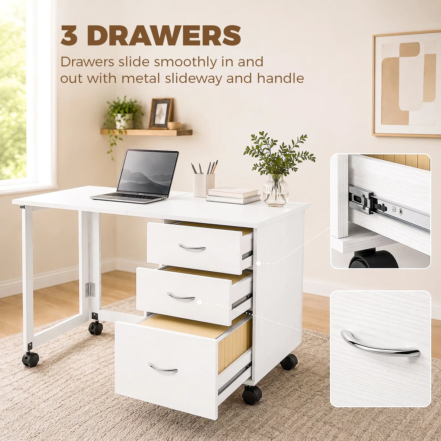 Foldable Computer Desk, 3 Drawers, White Computer Desks at Gallery Canada