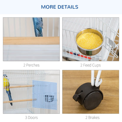 53.9'' Large Rolling Bird Cage with Stand, Shelf, Perch, White Bird Cages at Gallery Canada