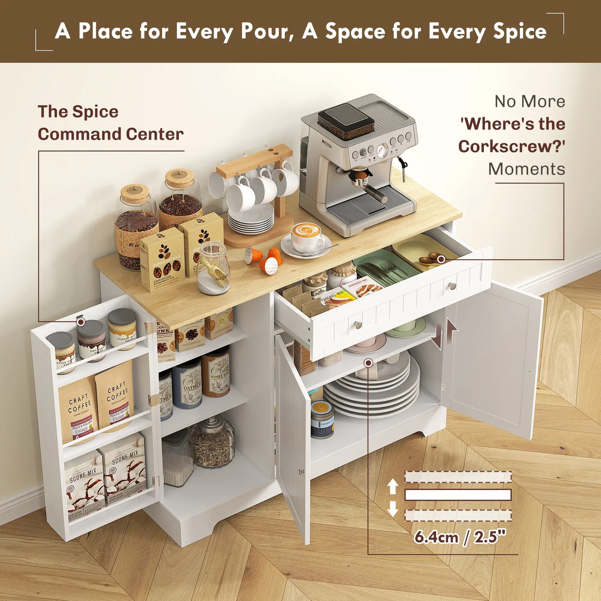 Modern Sideboard Cabinet, 41" Kitchen Buffet with Drawer, Adjustable Shelf, White Bar Cabinets at Gallery Canada