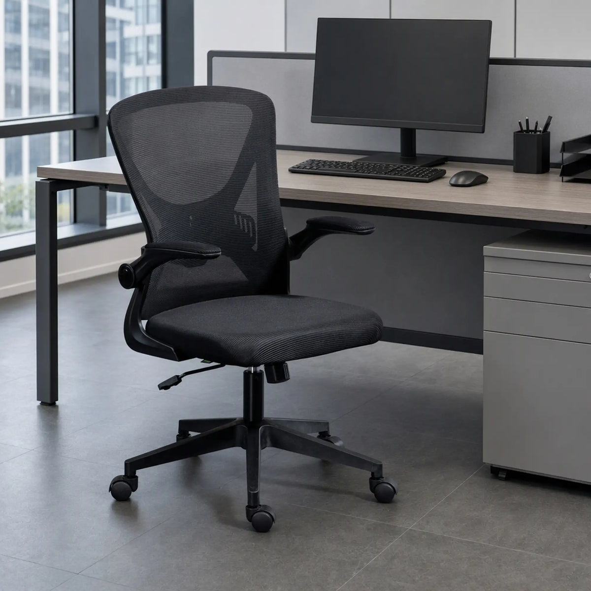 Mesh Office Chair, Swivel Desk Chair, Lumbar Support, Adjustable Height, Flip-Up Arm, Black Office Chairs at Gallery Canada