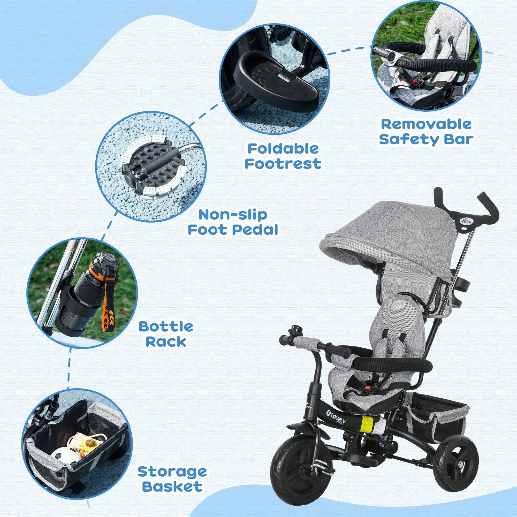 6 in 1 Toddler Tricycle Stroller, Basket, Canopy, 5-Point Harness, 12-60 Months, Grey Tricycles for Kids at Gallery Canada