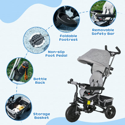 6 in 1 Toddler Tricycle Stroller, Basket, Canopy, 5-Point Harness, 12-60 Months, Grey Tricycles for Kids at Gallery Canada