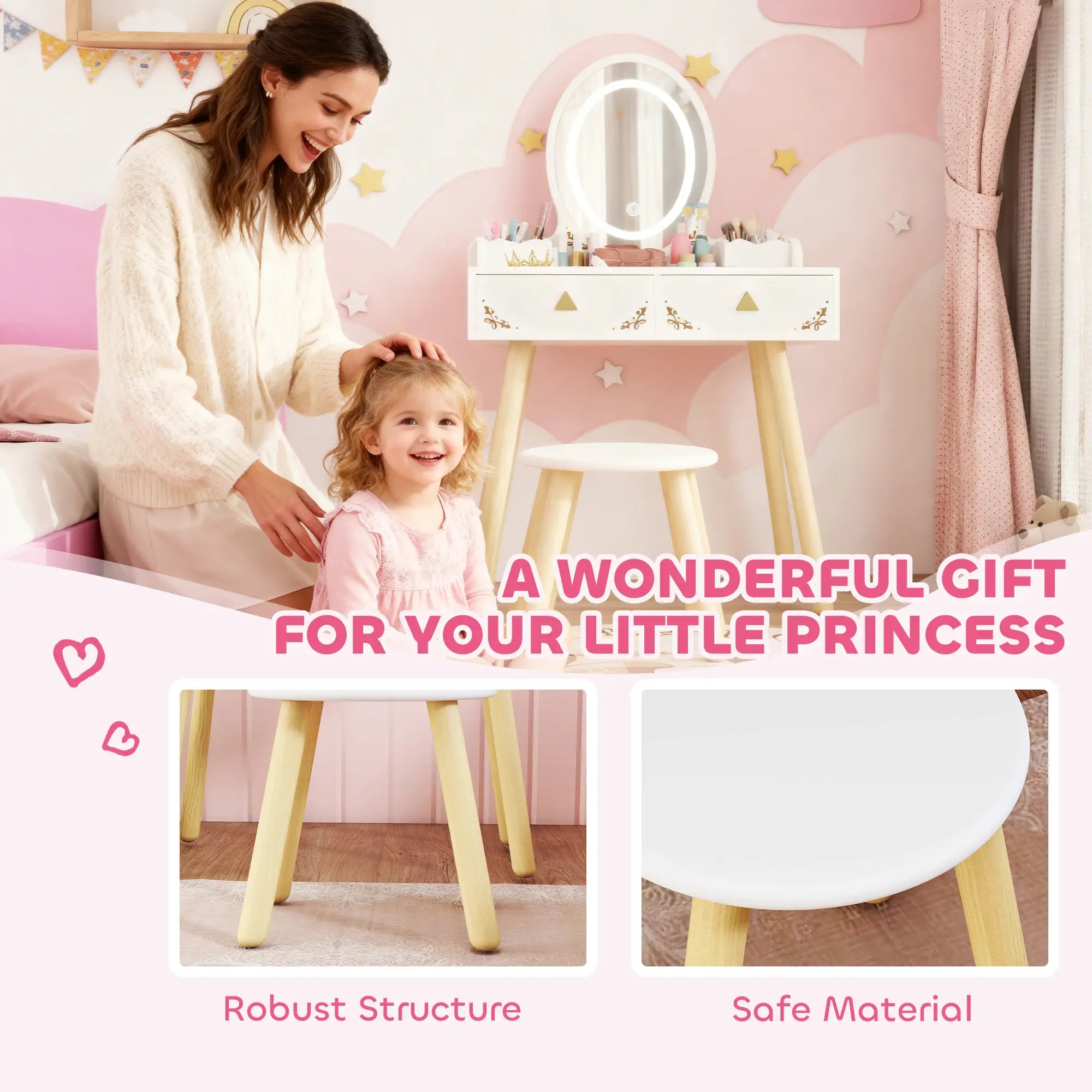 Kids Vanity Set with Mirror, Stool, 3-Color LED Lights, Pink Toy Vanity at Gallery Canada