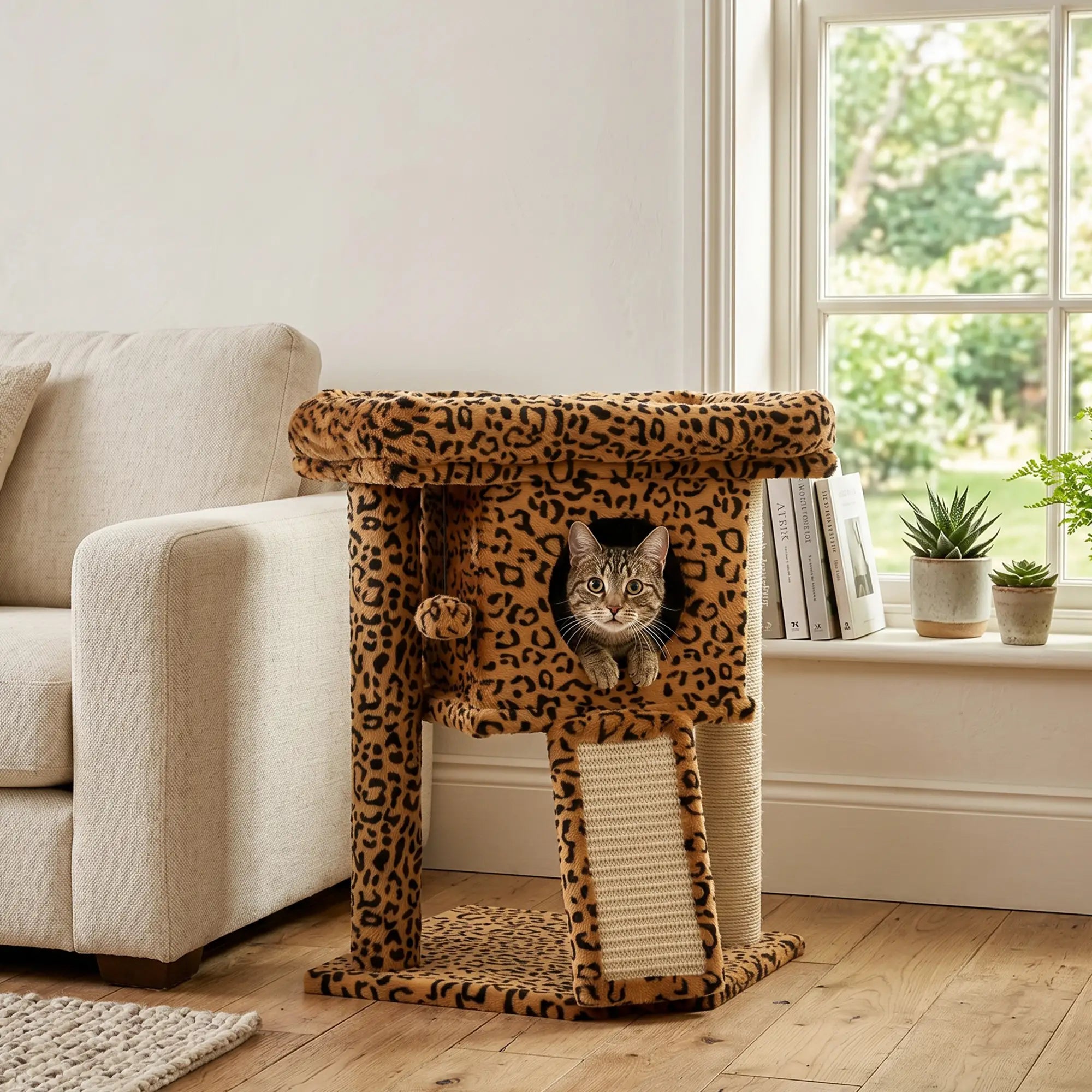 Cat Tree, Small Cat Tower with Perch, Scratching Post, Cat Condo, Toy Ball for Kitty, Leopard Print Compact Towers at Gallery Canada