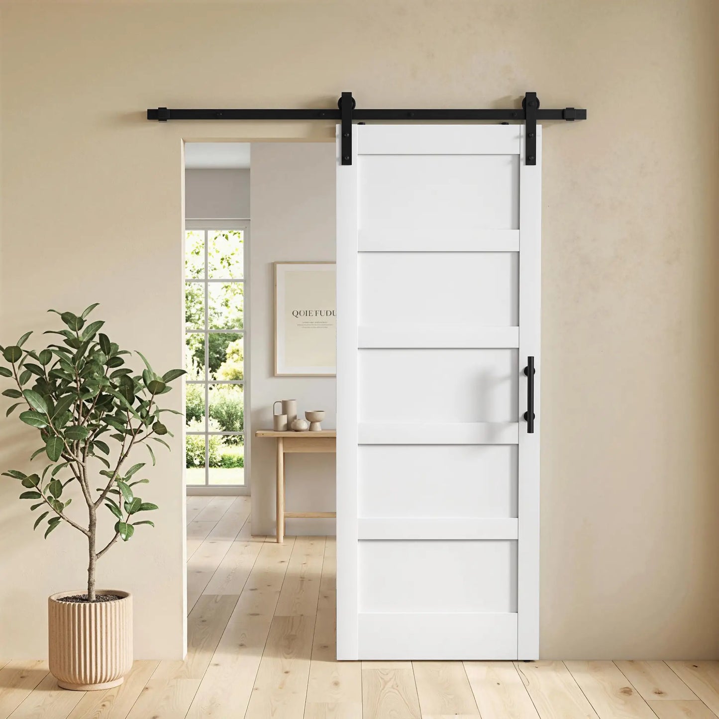 32x84 Sliding Barn Door with Hardware Kit, Shaker Style, White Wood Grain, White Door Hardware at Gallery Canada