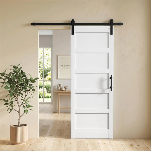 32x84 Sliding Barn Door with Hardware Kit, Shaker Style, White Wood Grain, White