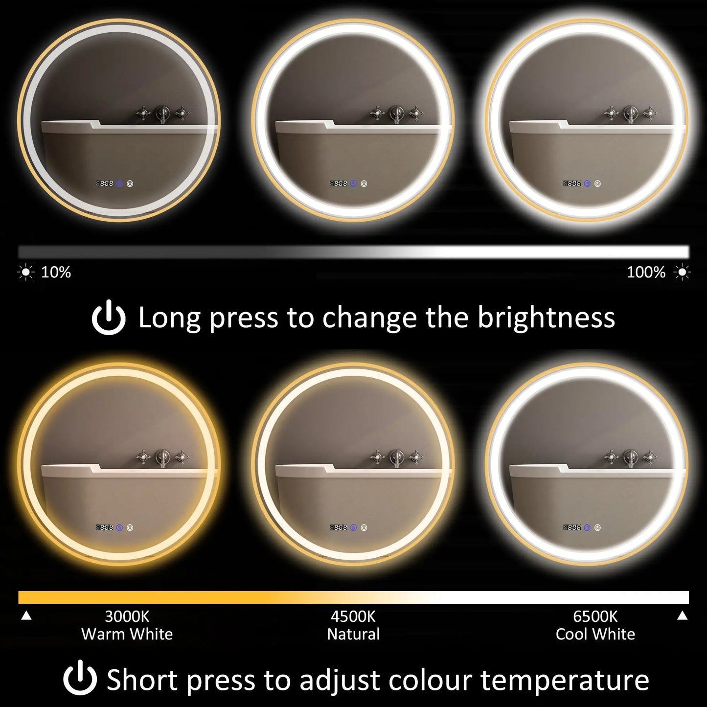 28" Round LED Bathroom Mirror, Anti-Fog, Time Temp Display, Gold Wall Mirrors at Gallery Canada