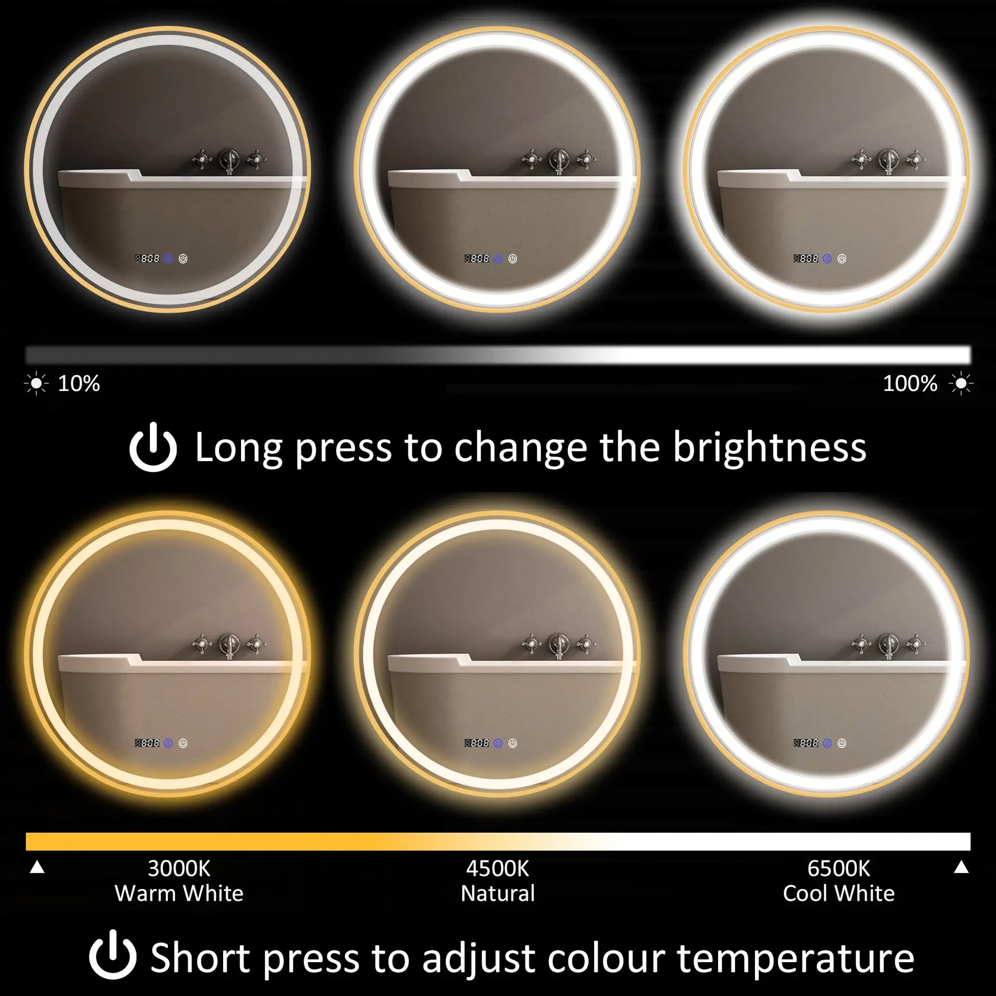 28" Round LED Bathroom Mirror, Anti-Fog, Time Temp Display, Gold Wall Mirrors at Gallery Canada