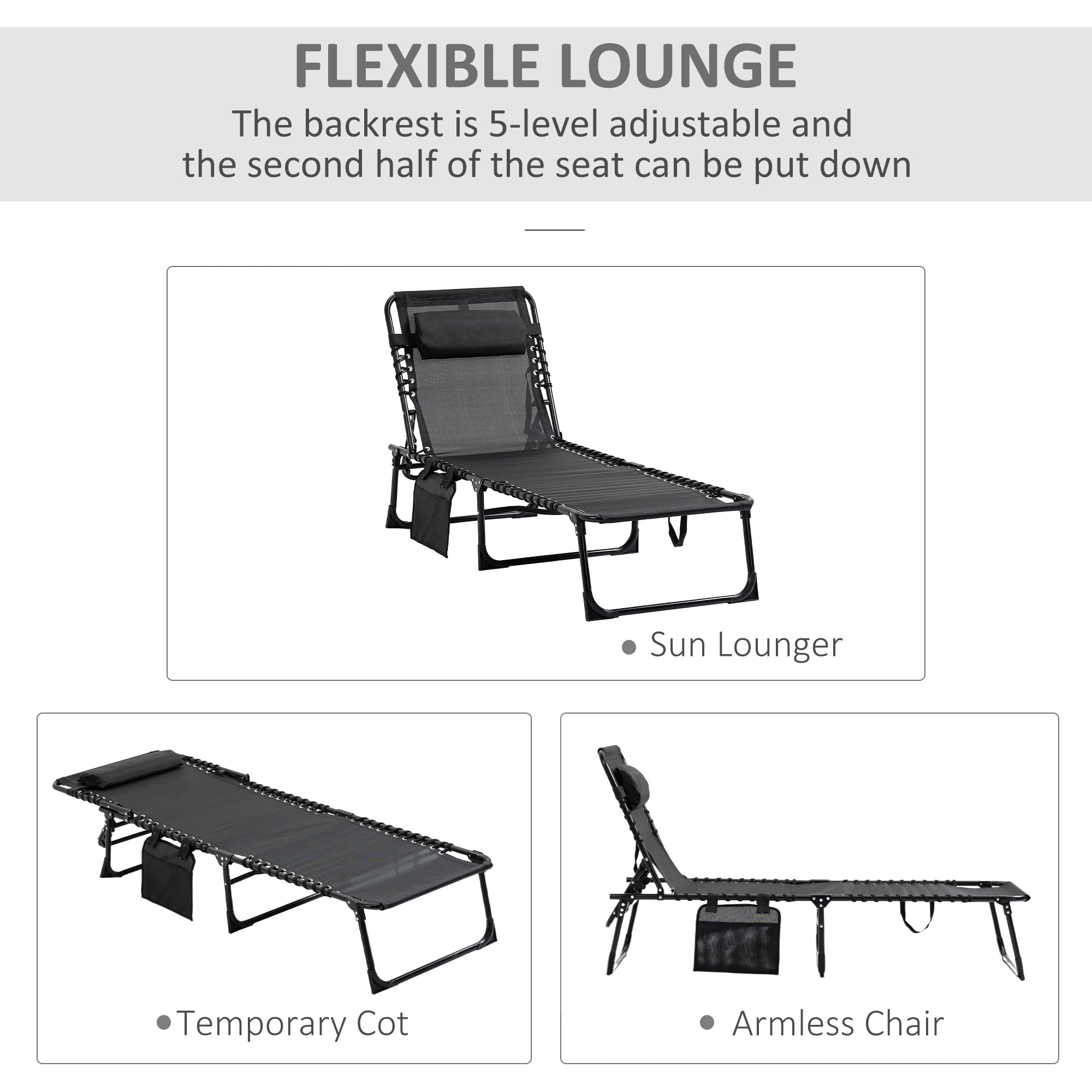 Outdoor Folding Chaise Lounge, Adjustable Backrest, Removable Pillow, Black Lounger Chairs at Gallery Canada