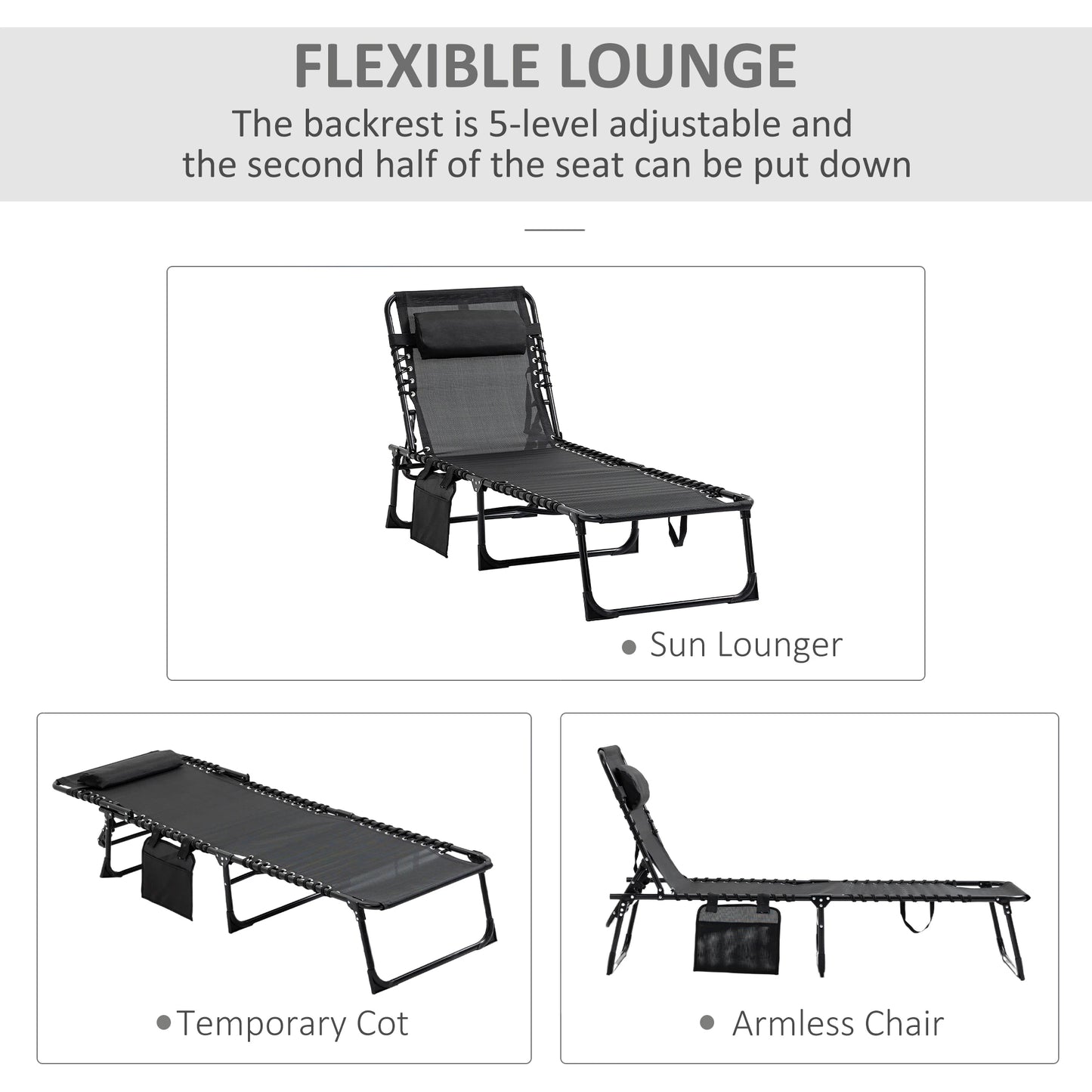 Outdoor Folding Chaise Lounge, Adjustable Backrest, Removable Pillow, Black Lounger Chairs at Gallery Canada