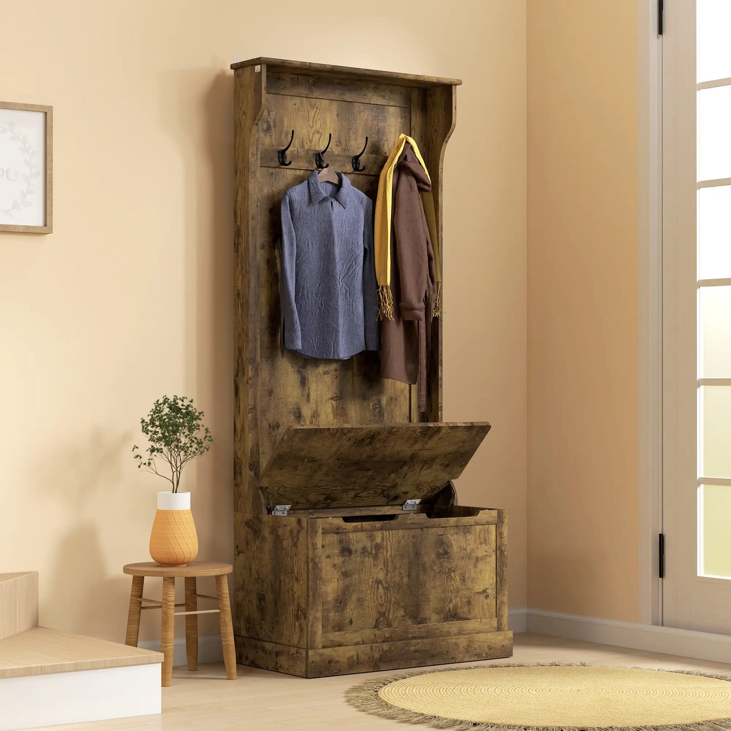 Hall Tree With Coat Rack, Shelf, Shoe Storage, Bench Seat, 4 Hooks, Rustic Brown Clothing Storage at Gallery Canada