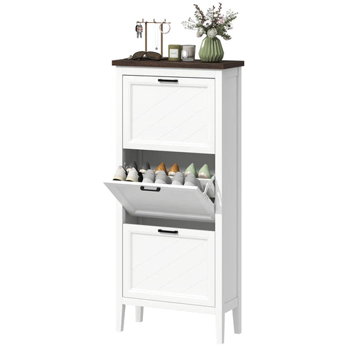 Shoe Cabinet with 3 Flip Drawers, Farmhouse Narrow Shoe Storage Cabinet with Adjustable Shelves, White