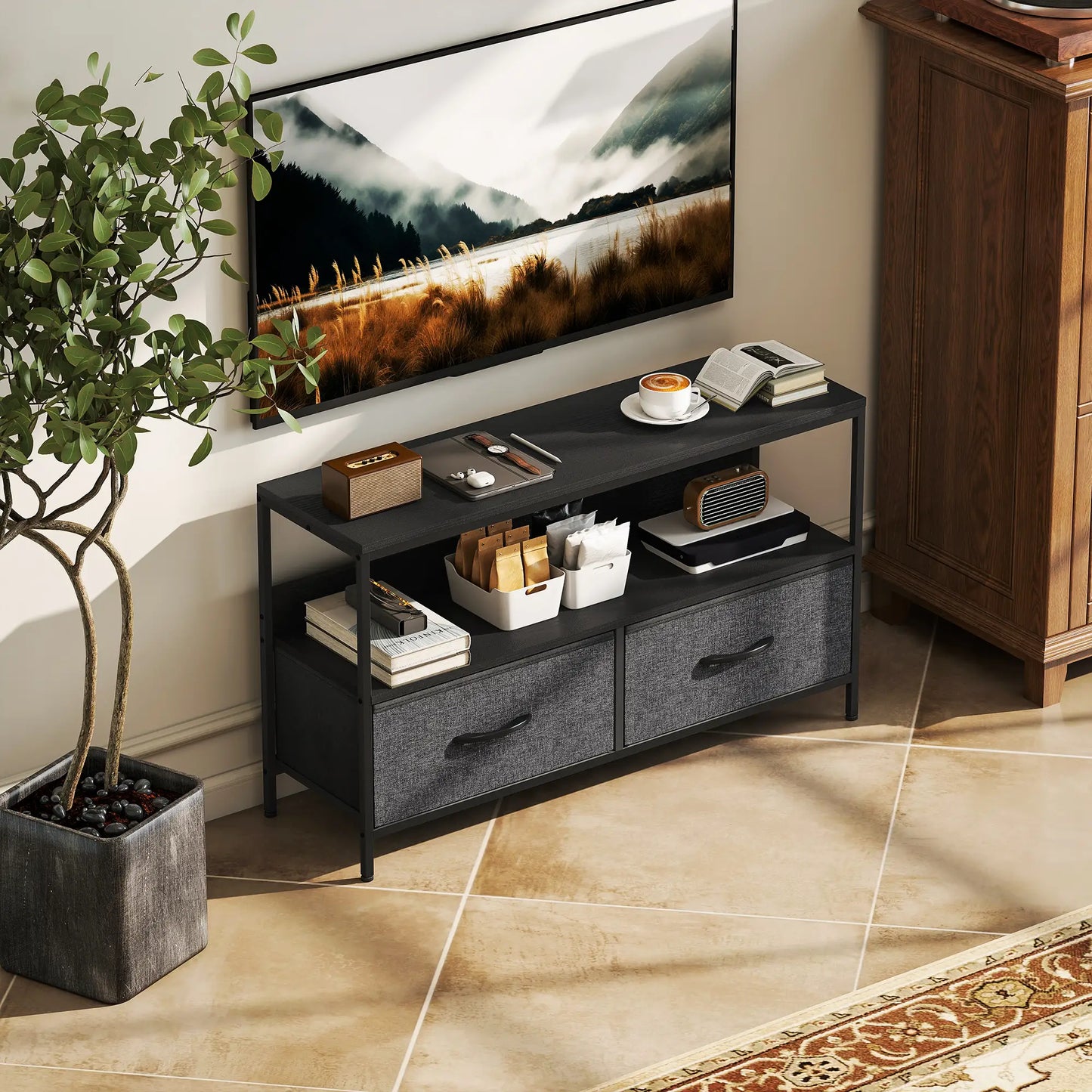 TV Stand with Charging Station, 2 Foldable Drawers, Open Shelf, 47 Inch, Black TV Stands at Gallery Canada