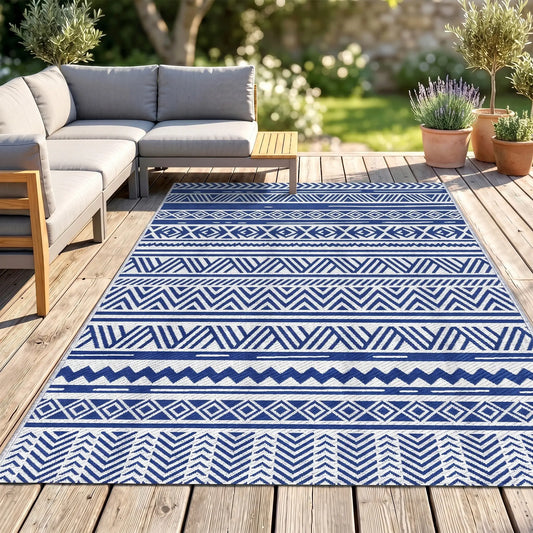 Reversible Outdoor Rug, Patio Floor Mat, 6' x 9', White, Dark Blue Garden Decor Dark Blue and White at Gallery Canada