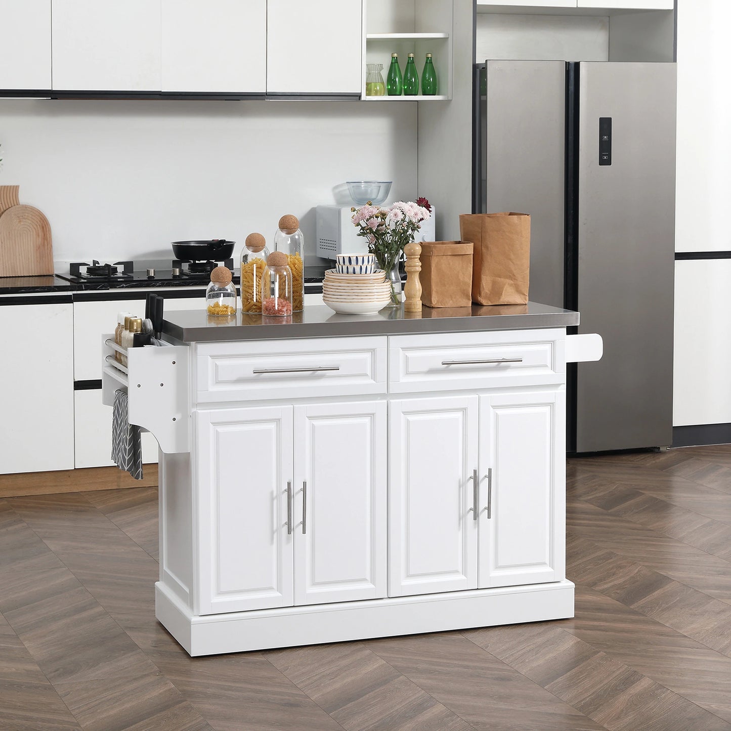 Rolling Kitchen Island with Storage, Stainless Steel Top, Drawers, Cabinets Kitchen Islands & Kitchen Carts at Gallery Canada
