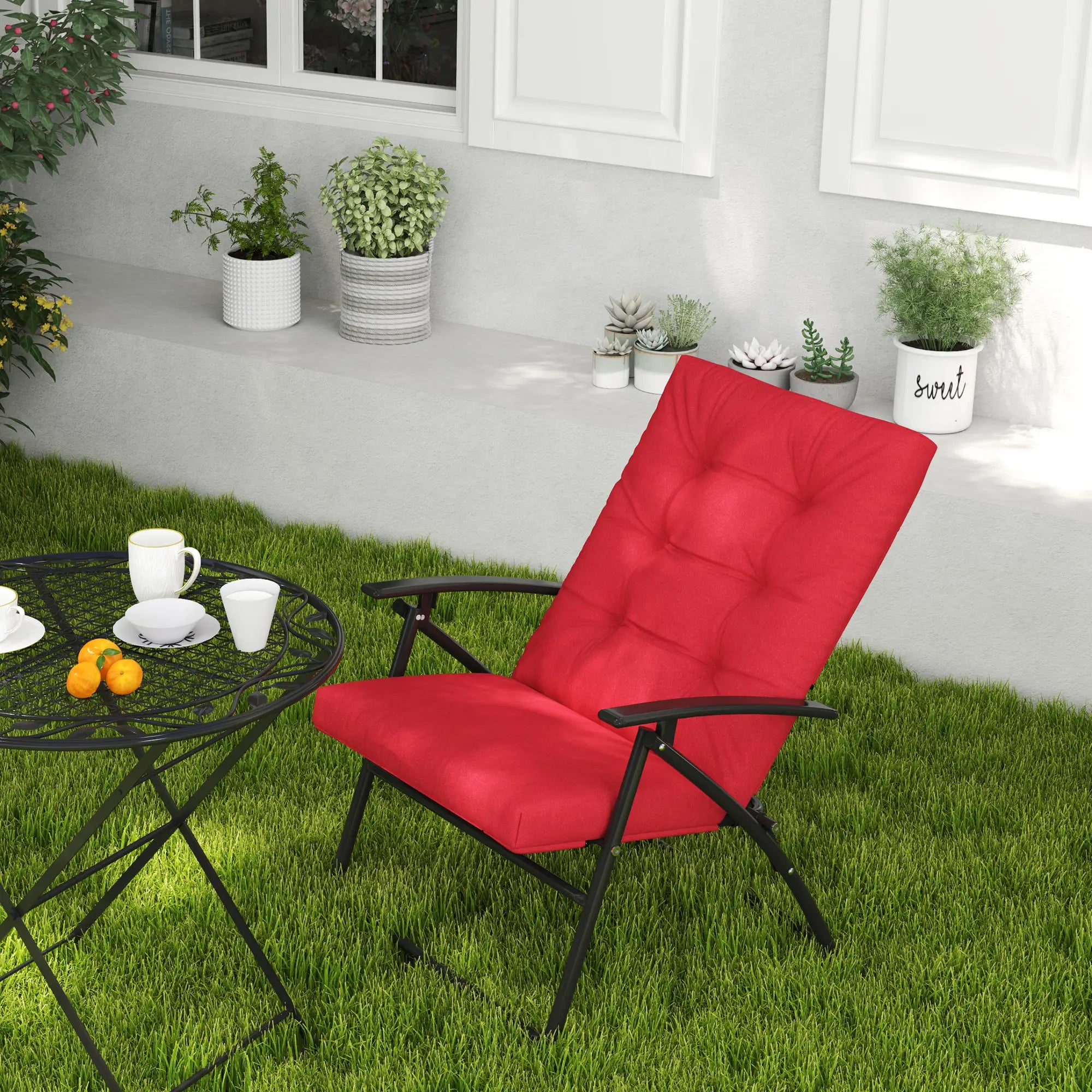Foldable Lounge Chair, Fabric Recliner, Outdoor Lounger with Armrest, Metal Frame, Red Patio Chairs at Gallery Canada