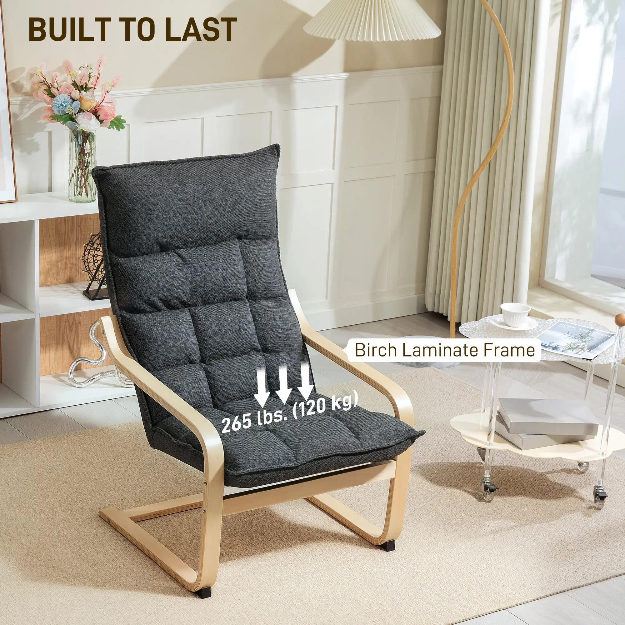 Modern Upholstered Armchair, Curved Leg, Living Room, Dark Grey Accent Chairs at Gallery Canada