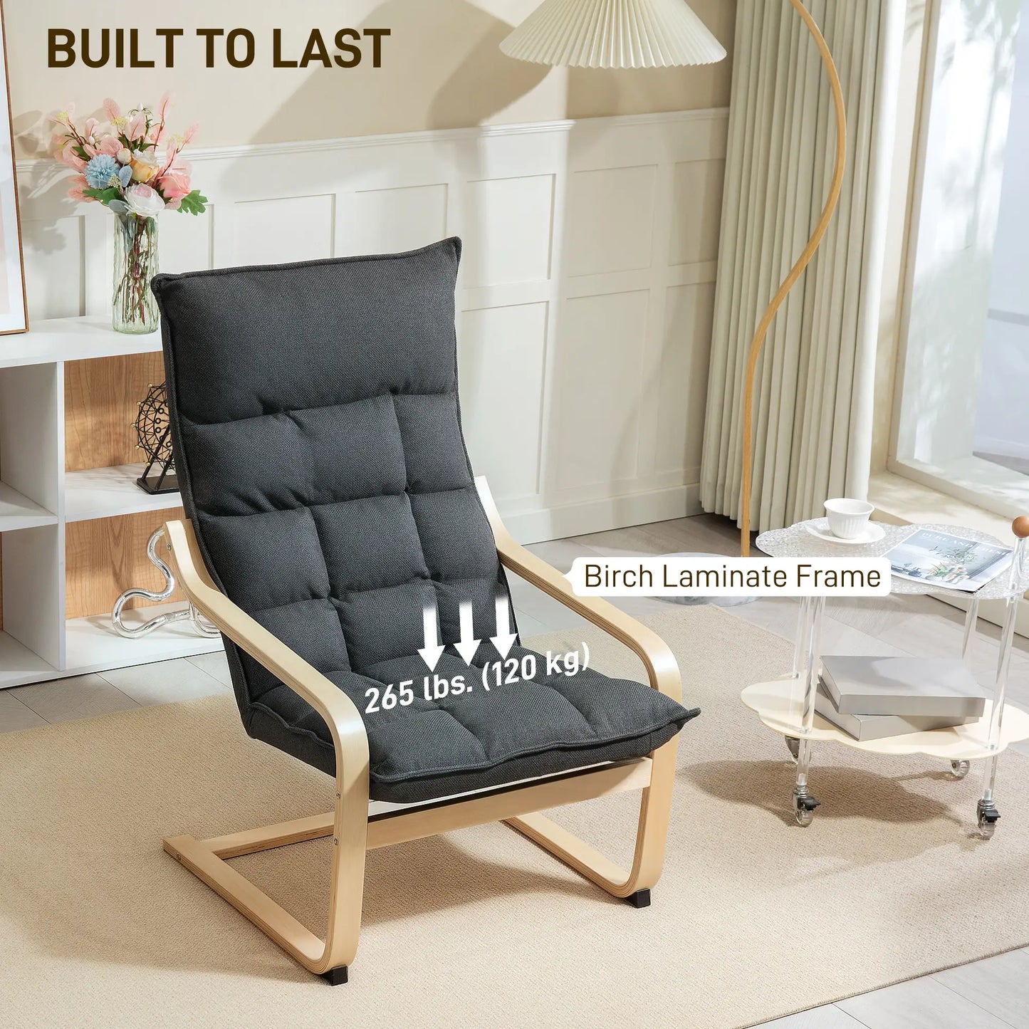 Modern Upholstered Armchair, Curved Leg, Living Room, Dark Grey Accent Chairs at Gallery Canada