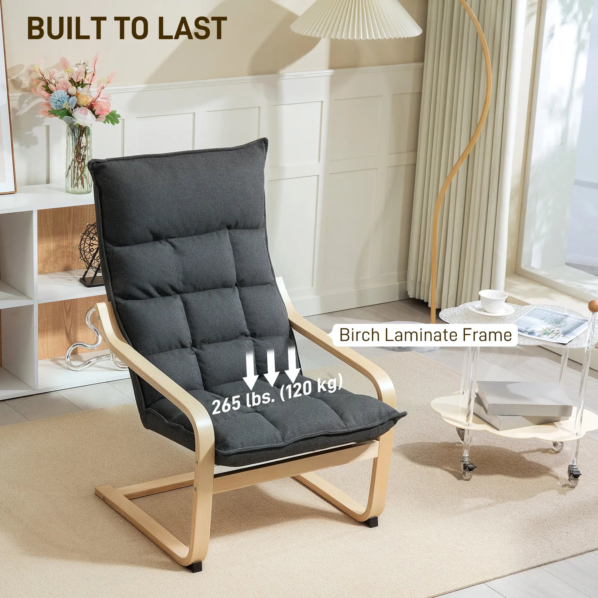 Modern Upholstered Armchair, Curved Leg, Living Room, Dark Grey Accent Chairs at Gallery Canada