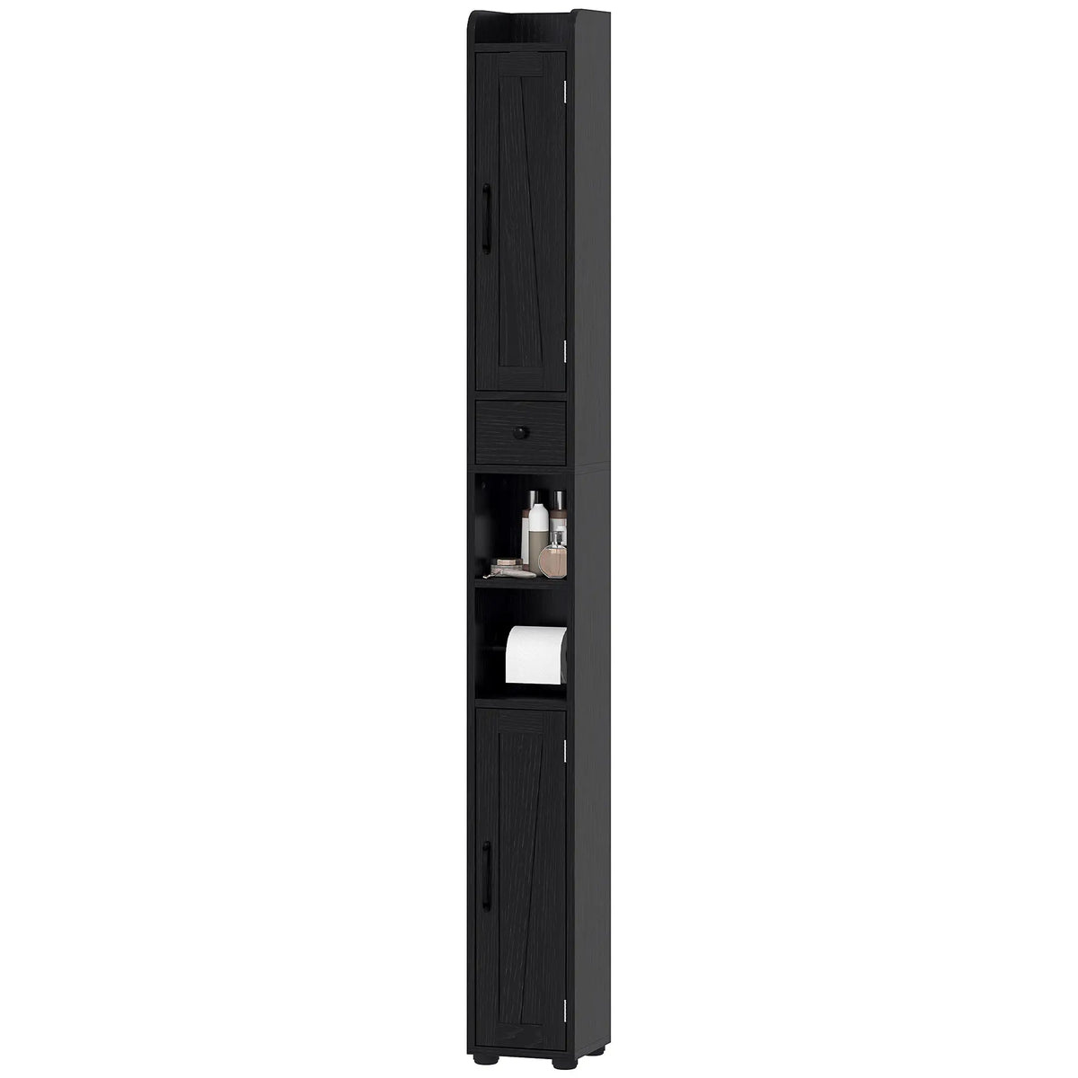 Armoire de salle de bain étroite, grand rangement avec portes de grange, grain de bois, noir
