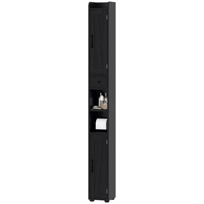 Armoire de salle de bain étroite, grand rangement avec portes de grange, grain de bois, noir