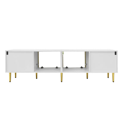 TV Stand, 4 Doors, Handles, Tempered Glass, LED Light, 67" L x 14.5" W x 18.5" H, White+Gold TV Stands at Gallery Canada