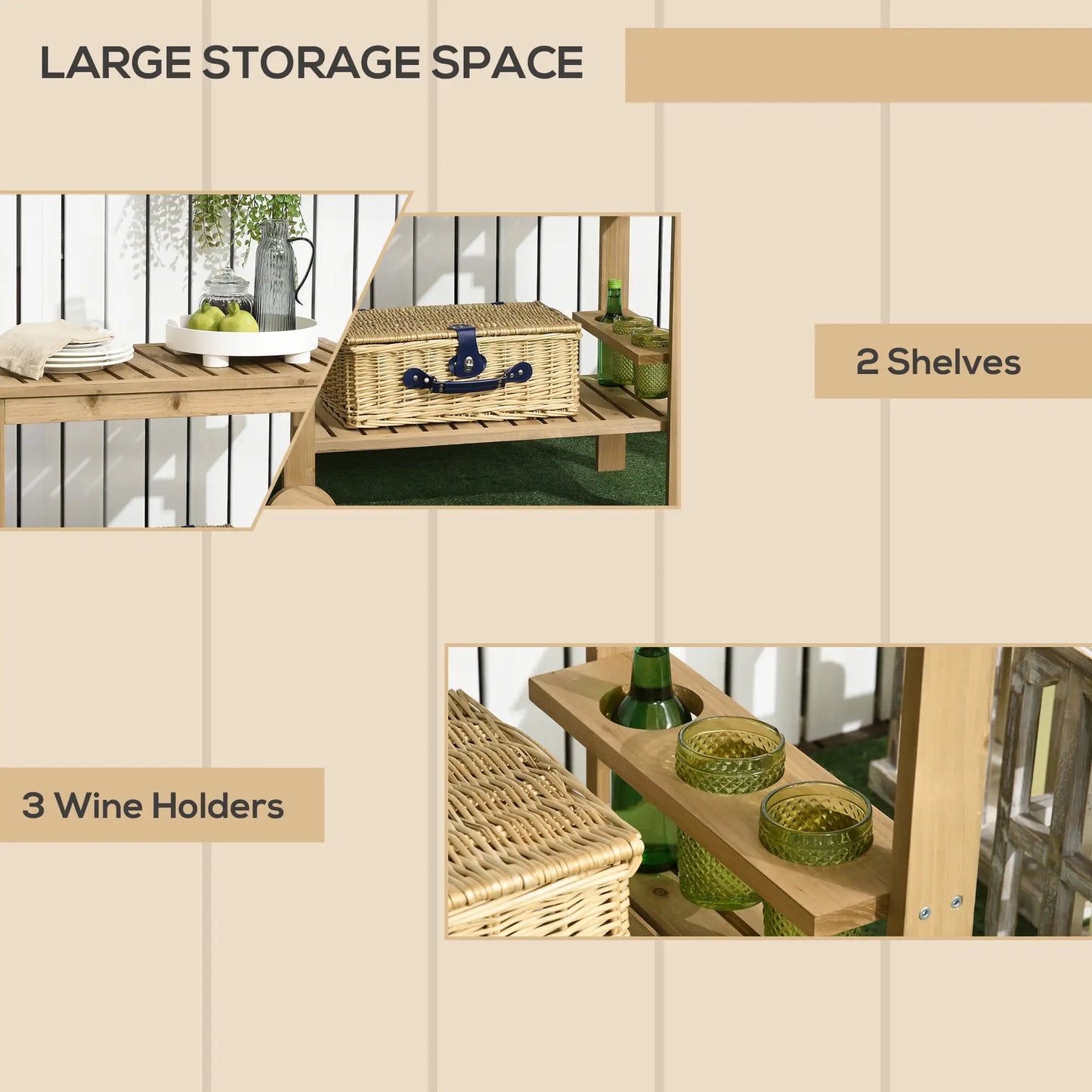 Outdoor Bar Cart, Wood Rolling Serving Cart, 2 Shelves, Wine Bottle Holders Cooler Boxes at Gallery Canada