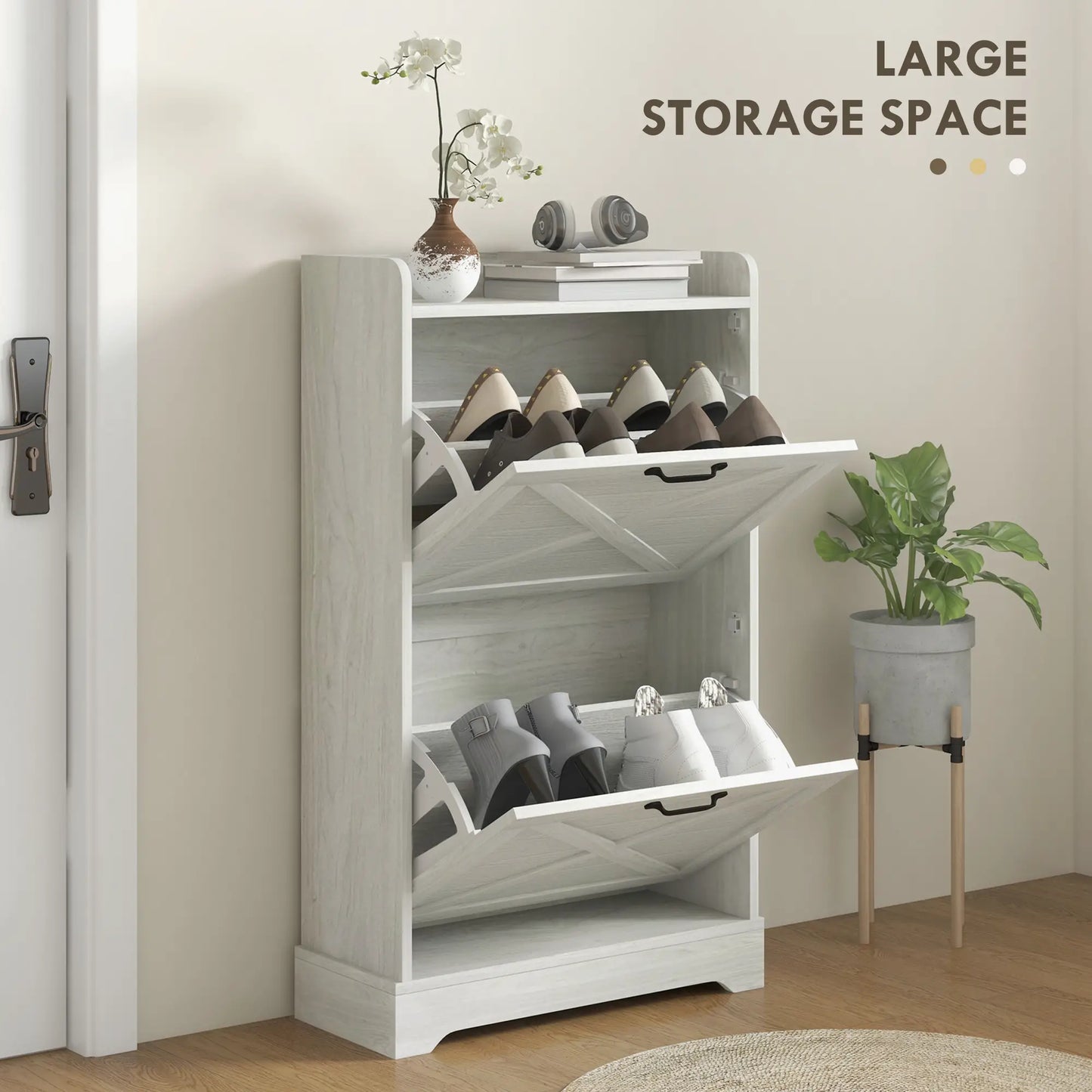 Slim Shoe Storage Cabinet, Farmhouse Style, 2 Flip Drawers, Adjustable Shelves, Holds 8 Pairs, Distressed, White Shoe Storage Cabinets & Racks at Gallery Canada