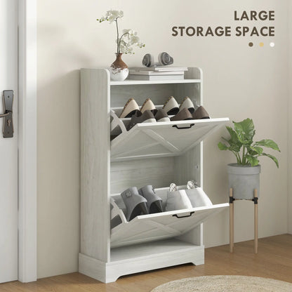 Slim Shoe Storage Cabinet, Farmhouse Style, 2 Flip Drawers, Adjustable Shelves, Holds 8 Pairs, Distressed, White Shoe Storage Cabinets & Racks at Gallery Canada