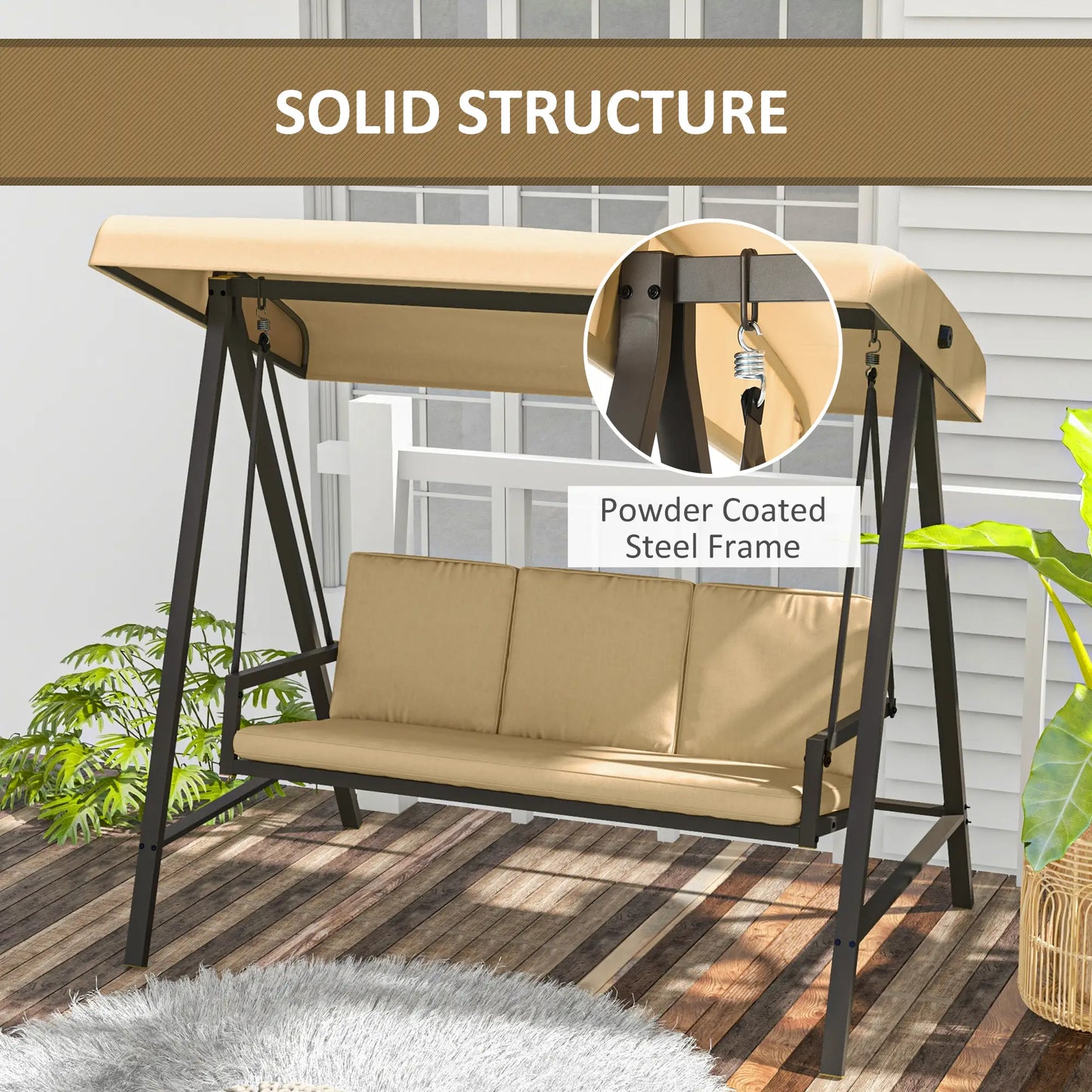 3 Seater Patio Swing Chair, Adjustable Canopy, Removable Cushions, Beige Patio Swings with Stand at Gallery Canada