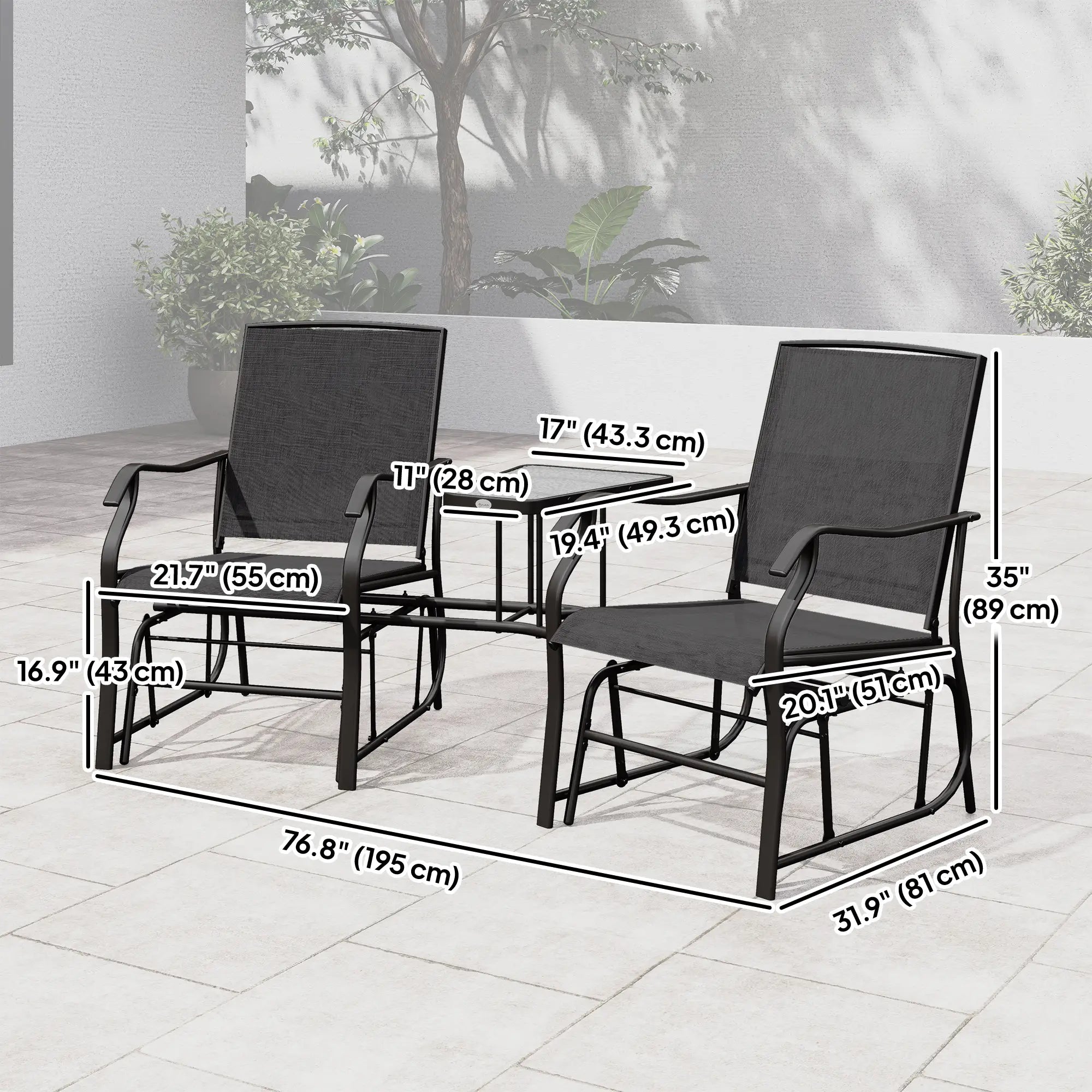 Double Glider Chair with Glass Table, Outdoor High Back, Black Outdoor Gliders at Gallery Canada