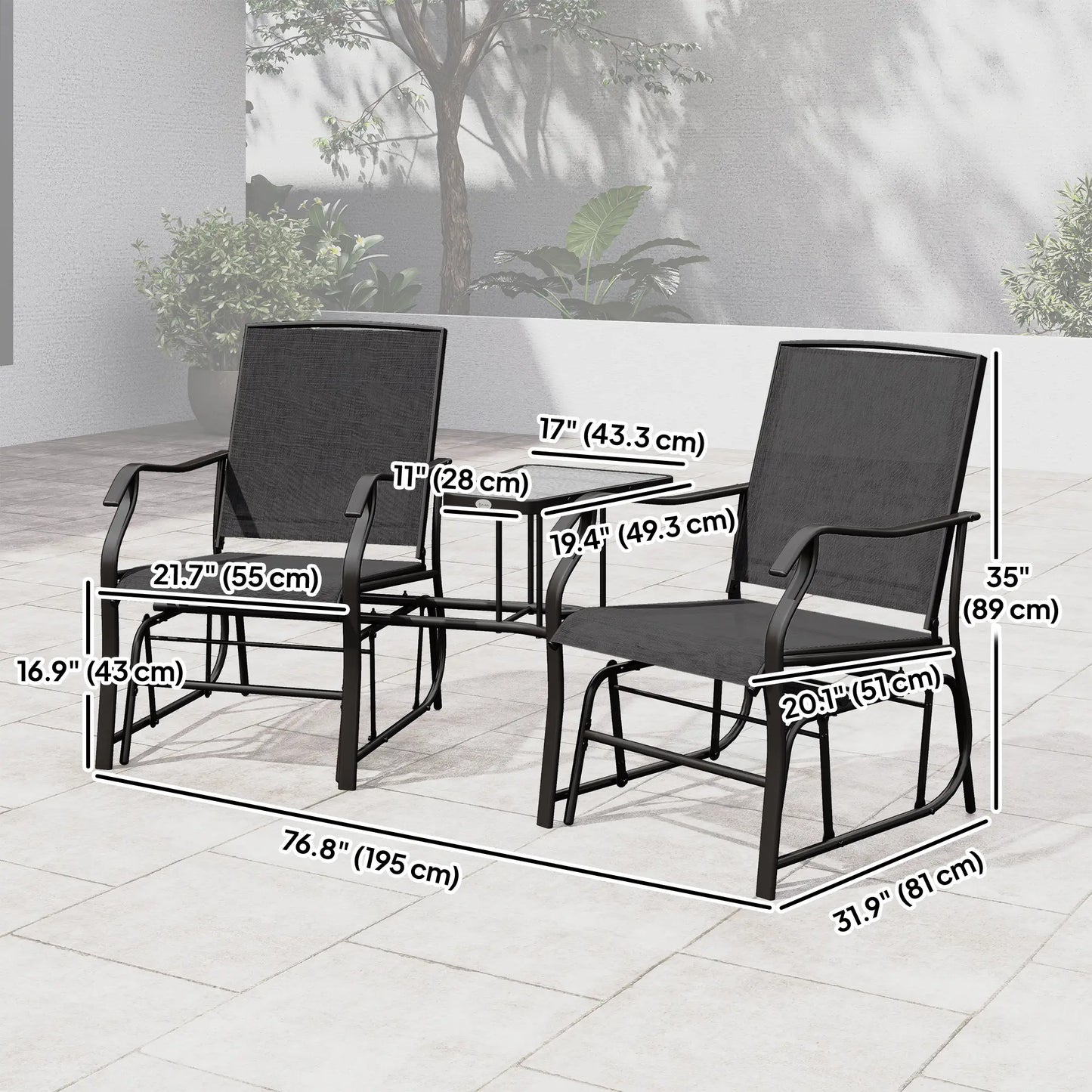 Double Glider Chair with Glass Table, Outdoor High Back, Black Outdoor Gliders at Gallery Canada