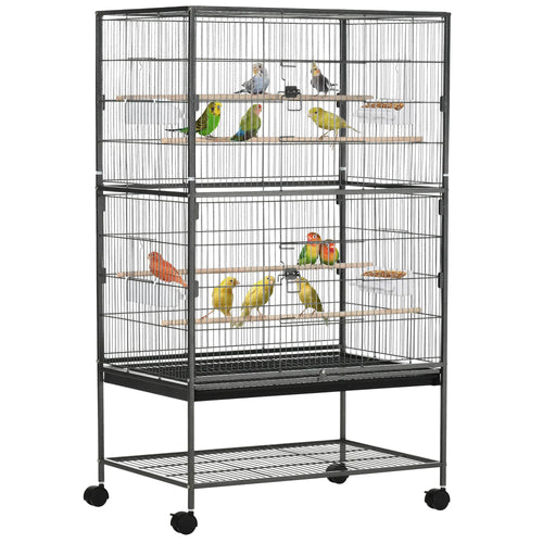 52'' Large Rolling Bird Cage, Storage Shelf, Wood Perch, Dark Grey