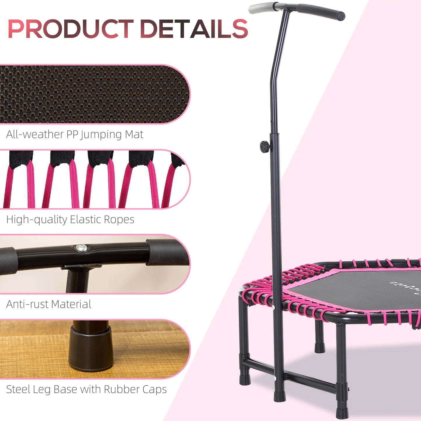 48" Hexagon Rebounder Trampoline, Fitness Bungee Jumper, Adjustable Bar, Pink Trampolines at Gallery Canada