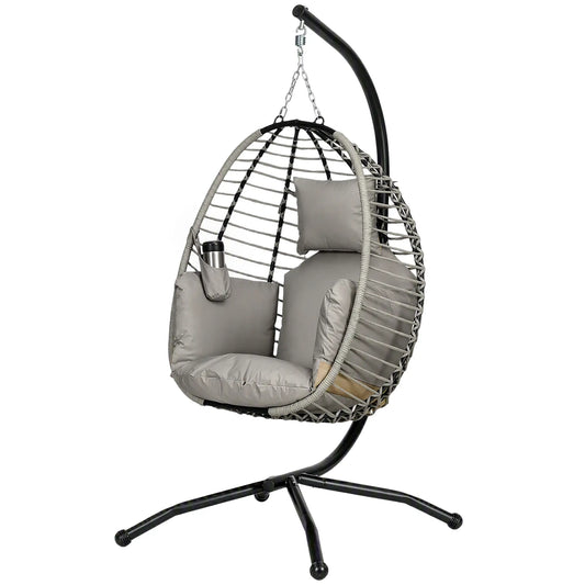 Outdoor Hanging Egg Chair, Thick Padded Cushion, Patio Swing Chair, Grey Patio Swings with Stand Grey at Gallery Canada
