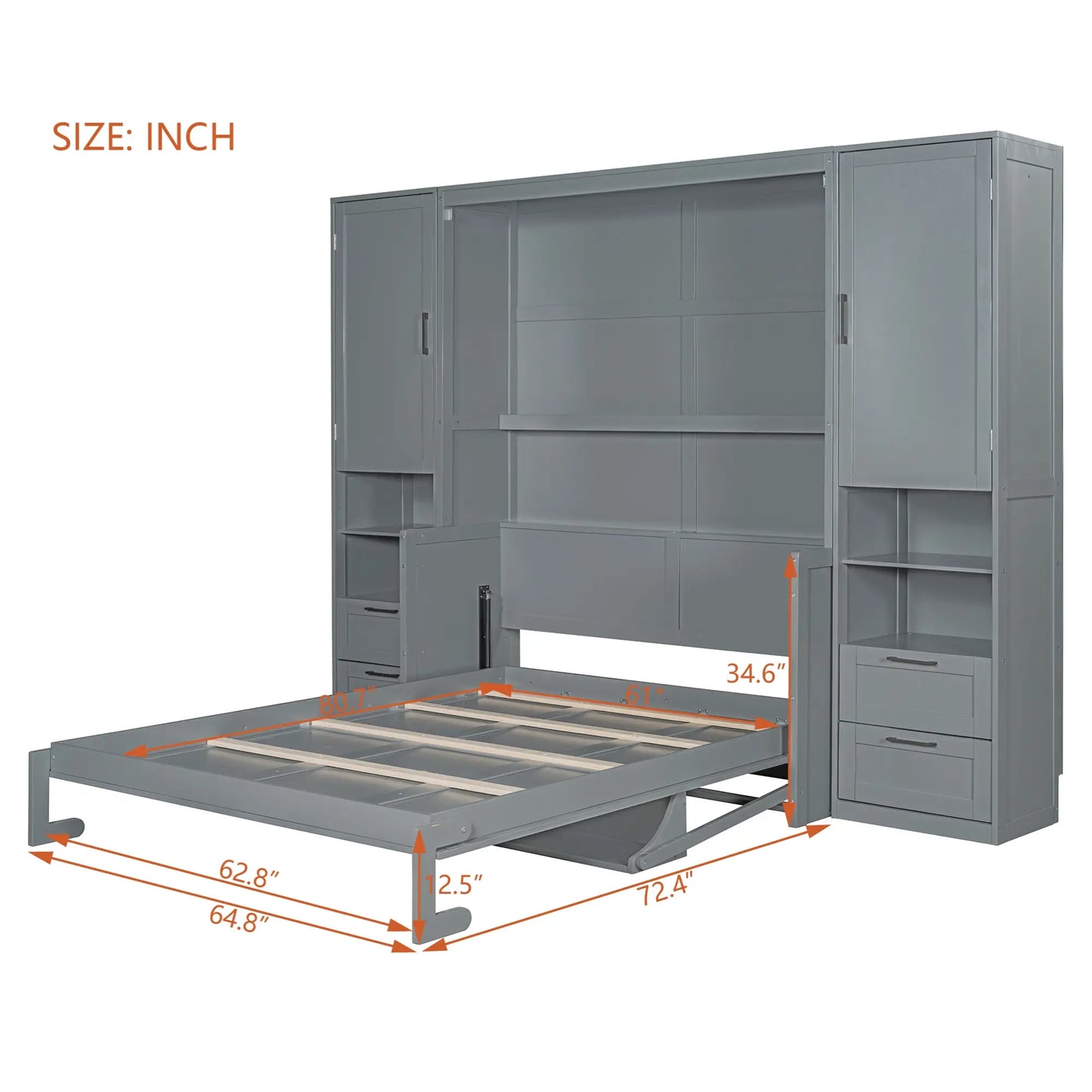 Queen Murphy Bed with Closet, Drawers, Shelves, 114" L x 17" W x 87" H, Grey Bed Frames at Gallery Canada
