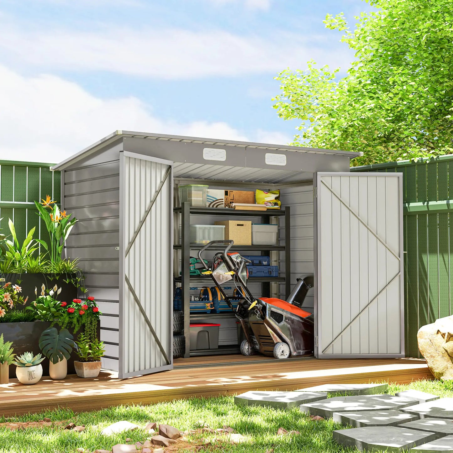 8 x 4FT Galvanized Garden Storage Shed, Metal Outdoor Shed, Light Grey