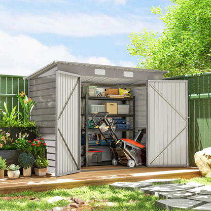 8 x 4FT Galvanized Garden Storage Shed, Metal Outdoor Shed, Light Grey